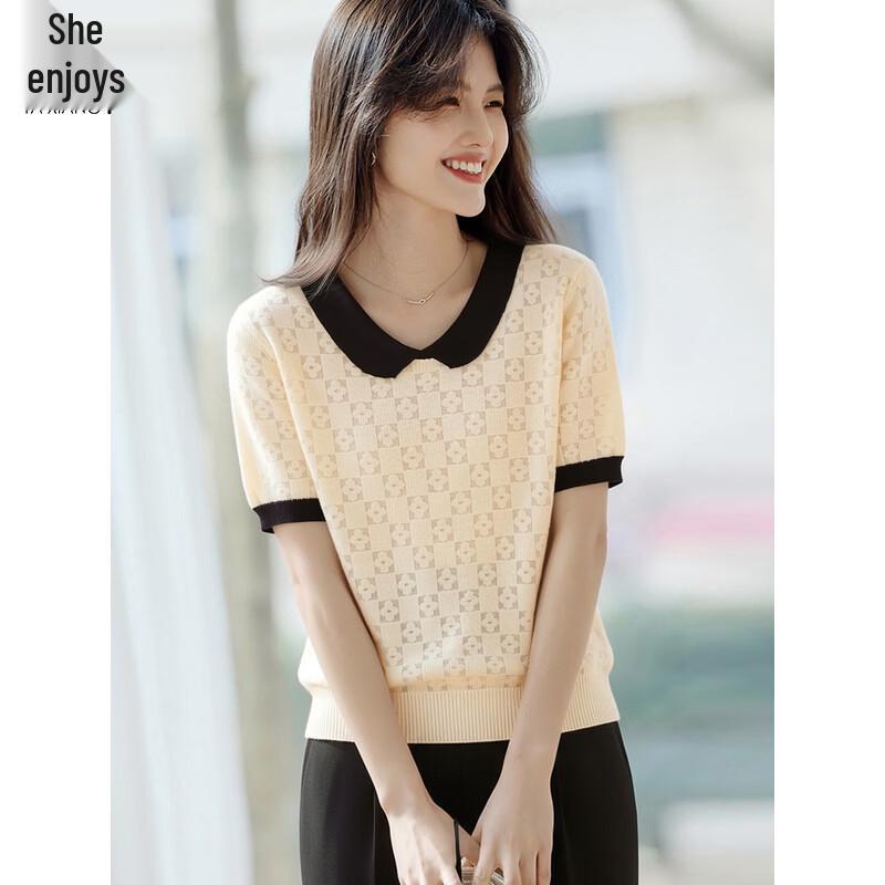 Women s Color-Block Doll Collar Knit T-Shirt M
