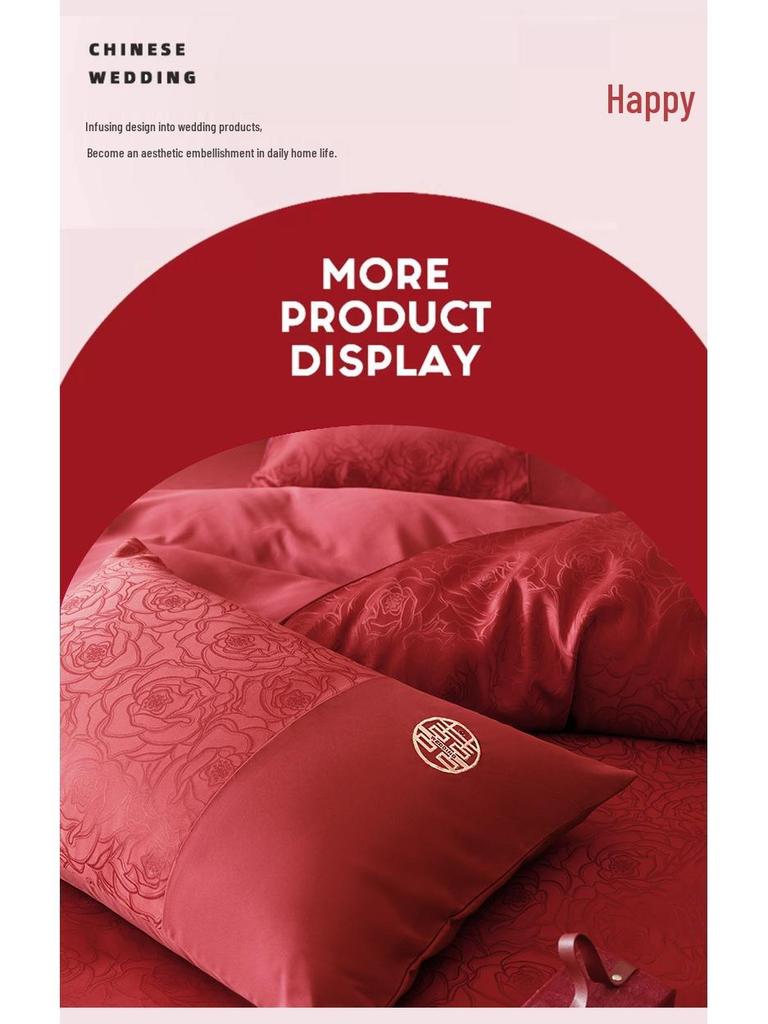 Rotes chinesisches Hochzeitsbettwäsche-Set: Braut-Bettbezug, Spannbettlaken und Happy Quilt für die Aussteuer