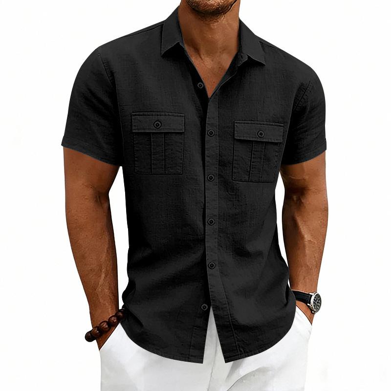 Men's Linen Cargo Short Sleeve Shirt, American Style Casual Double Chest Pocket Loose Button Down Tops for Men