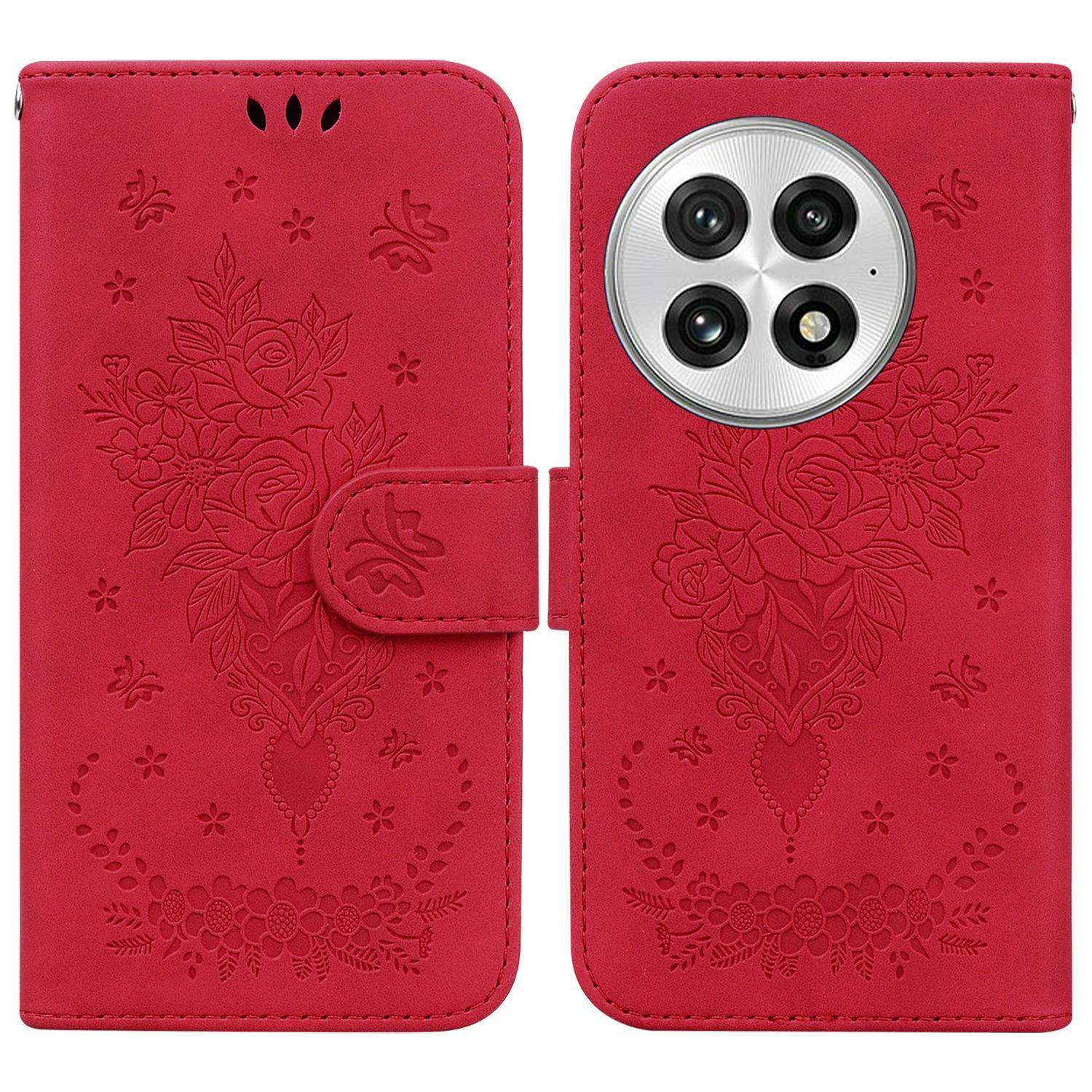 

For OnePlus 13 Case PU Leather Wallet Phone Cover Butterfly Flower Imprint Red
