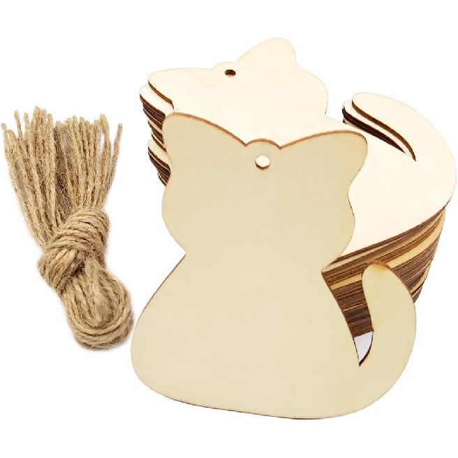 30 Pack 4 Inch Wood Cat Cutouts Unfinished Wood Cat Crafts Wooden Cat Hanging Ornaments DIY Cat Craft Gift Tags for Home Party Decoration