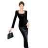 Damen Französisches High-End Samt Slim-Fit Langarmkleid