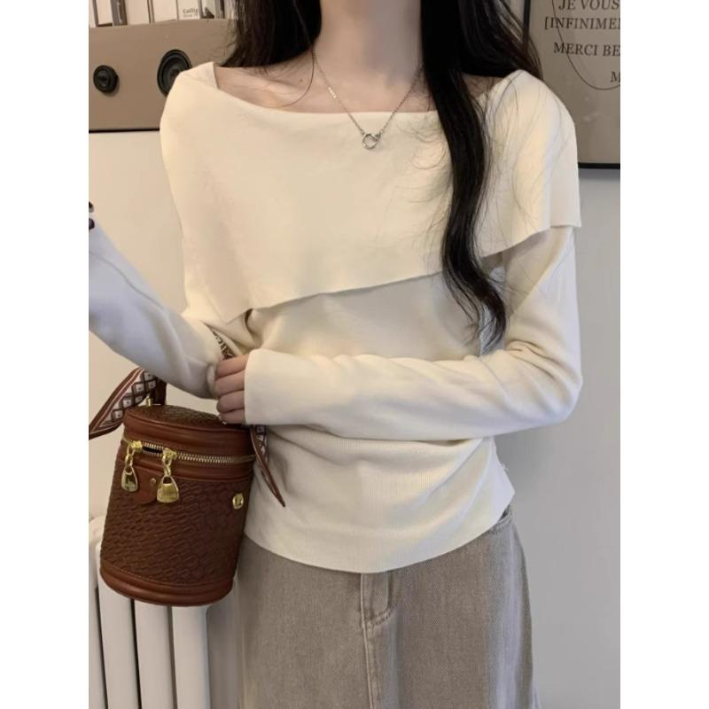 Design Sense One-word Shoulder Lapel Long-sleeved Knitted Sweater Women's Inner Slim-fitting Sweet and Spicy Bottom Sweater Outer Top