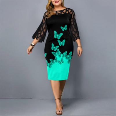 Autumn Explosion Digital Printing Lace Splicing Seven-quarter Sleeve Dress Large Size Women's Clothing