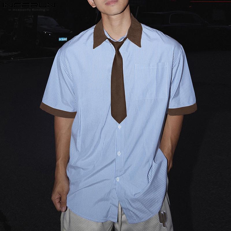 INCERUN Oversized Men Tie Up Lapel Neck Short Sleeve Striped Casual Loose Shirts