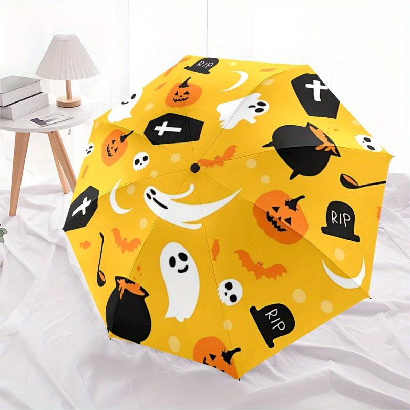 1pc Halloween Ghosts Automatic Open/Close Umbrella with One-Touch Button, Compact Folding Canopy, Sturdy 8-Rib Windproof Design -041