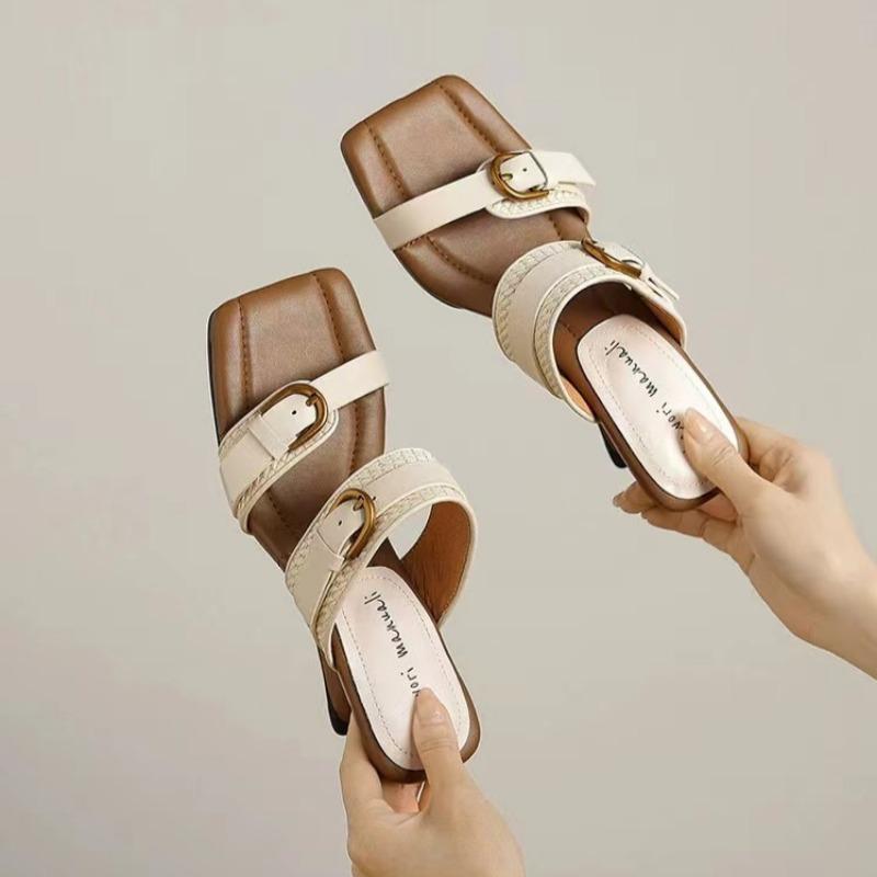 2024 Fashion Strange Style High Heels Slides Women Buckle Straps Slippers Summer Shoes Open Toe Beige