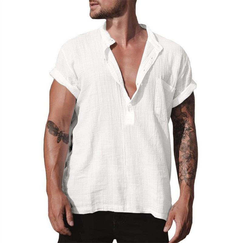 Mens Linen Cotton Henley Neck Short Sleeve Pocket Shirt S белый