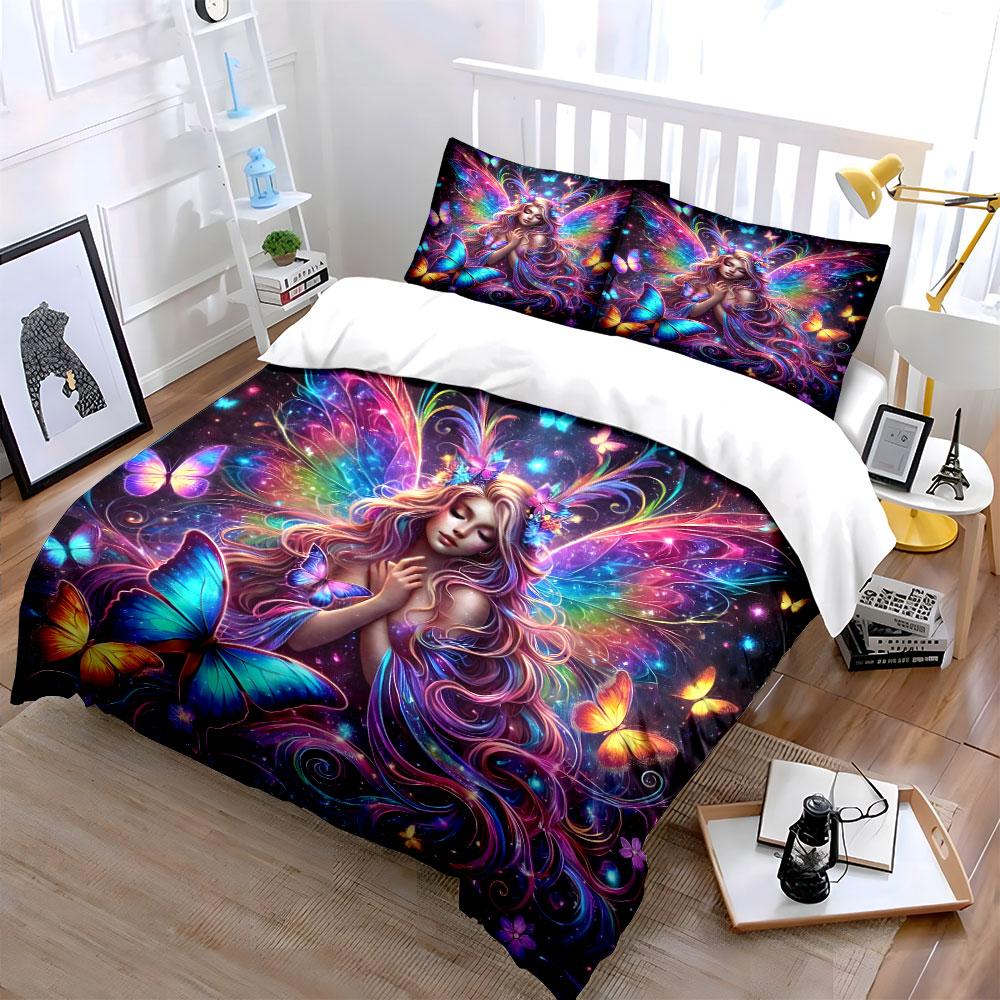 Butterfly Fairy Art Decor Set Bedding Set With 1 Duvet Cover 2 Pillowcases Single Double King Queen, Gift