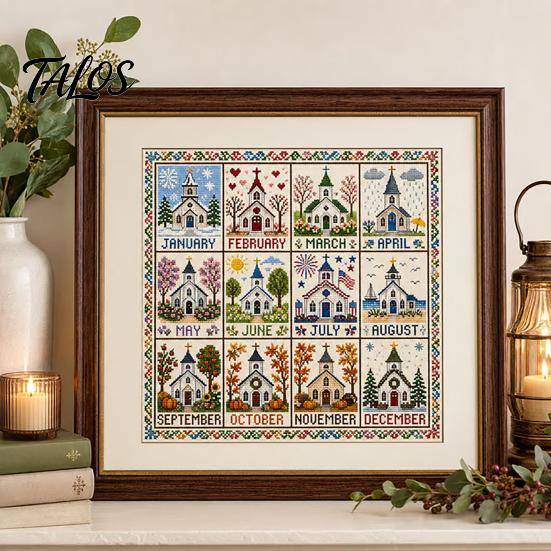 Twelve Month Decorative Wall Art 12-Month Cross Stitch Kit, DIY Four Seasons Embroidery Seasonal Monthly Kit Stamped Stitching Craft Set for
