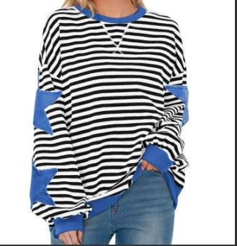 Women's Crew Neck Long Sleeve Sweatshirt A Line Fit Striped Star Patchwork Casual Spring Pullover Top