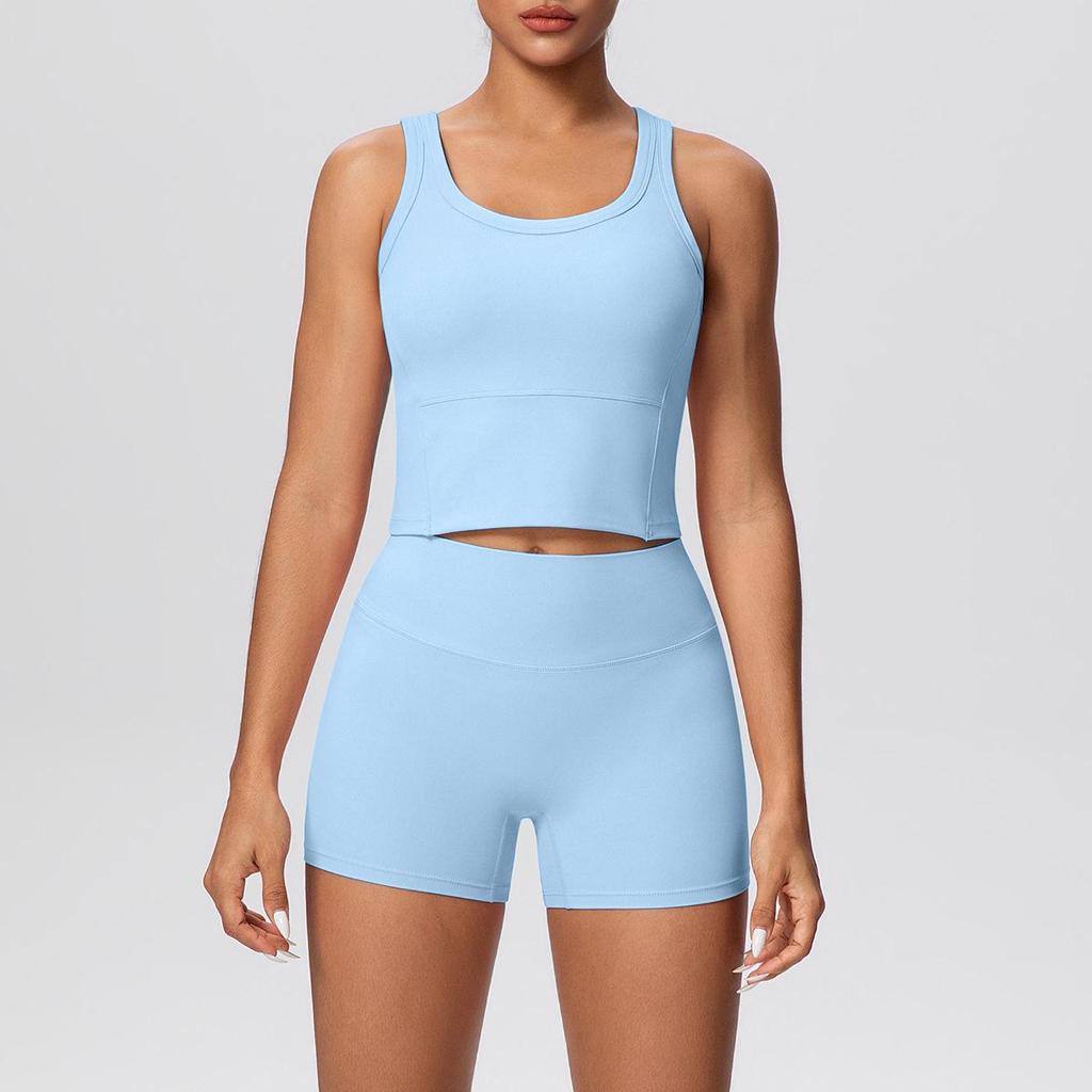 Cross-border Solid Color Reversible Yoga Vest & Shorts Fitness Set