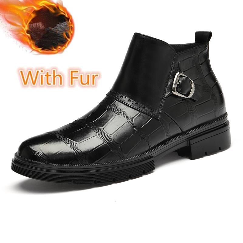 British Style Mens Chelsea Boots Genuine Leather Mens Business Shoes Warm Plush Fur Winter Formal Ankle Boots Classic Male Botas