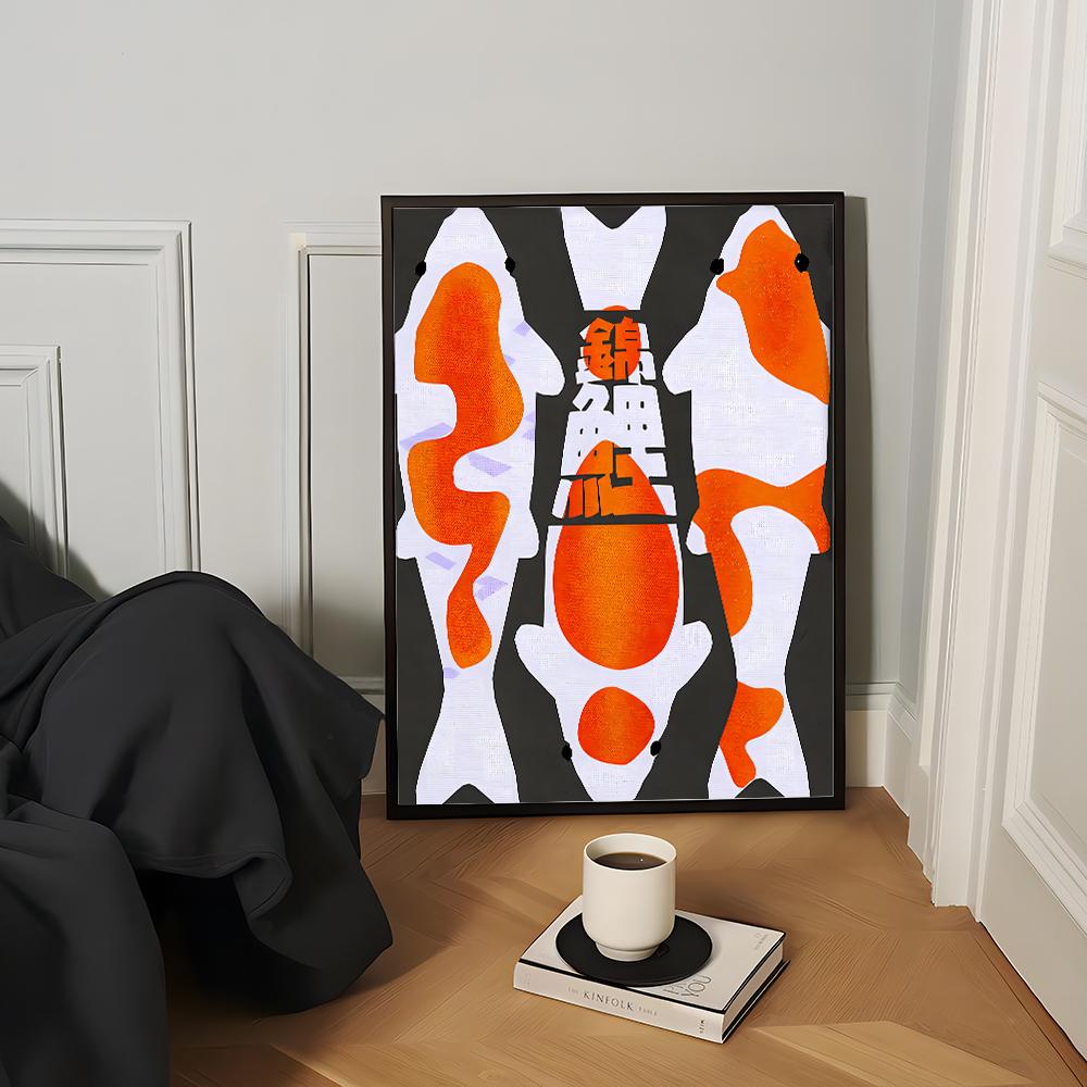 Vintage Japanese Abstract Wall Art Print Poster Black Waves Cat Koi Canvas Painting for Living Room Home Decor Poster-unframed