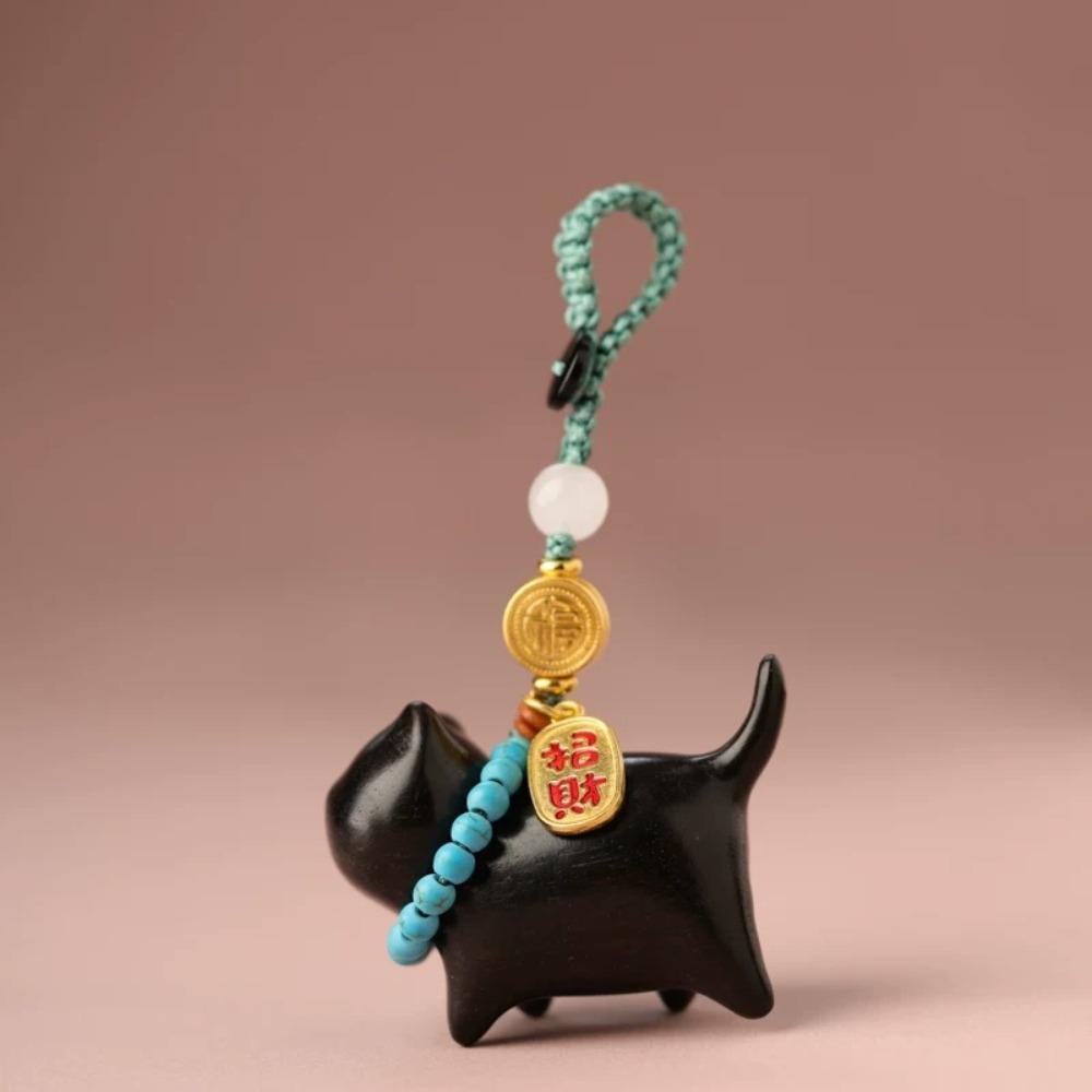 Woven Lanyard Lucky Cat Keychain Carved Sandalwood Fortune Cat Pendant Phone Attachment
