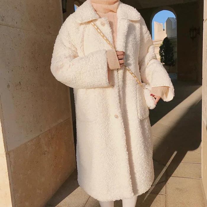 Dámská podzimní/zimní jednobarevná zimní hřejivá bunda s imitací jehněčí vlny, korejská volná a sametová dlouhá mikina s kapucí