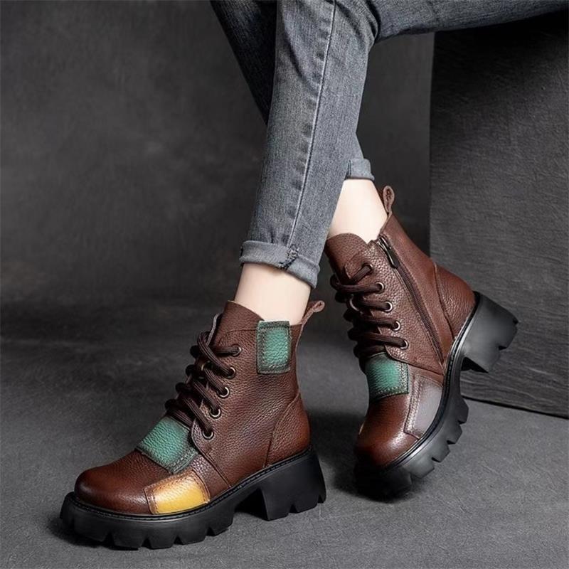 Retro thick heel Martin boots women's autumn and winter new soft leather color matching short boots high heel waterproof table single boots