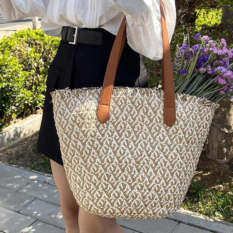 Woven Basket Women's Handbag Top Handle Bag Large Straw Portable Shoulder Bag Beach Shopper High Quality Female Bag