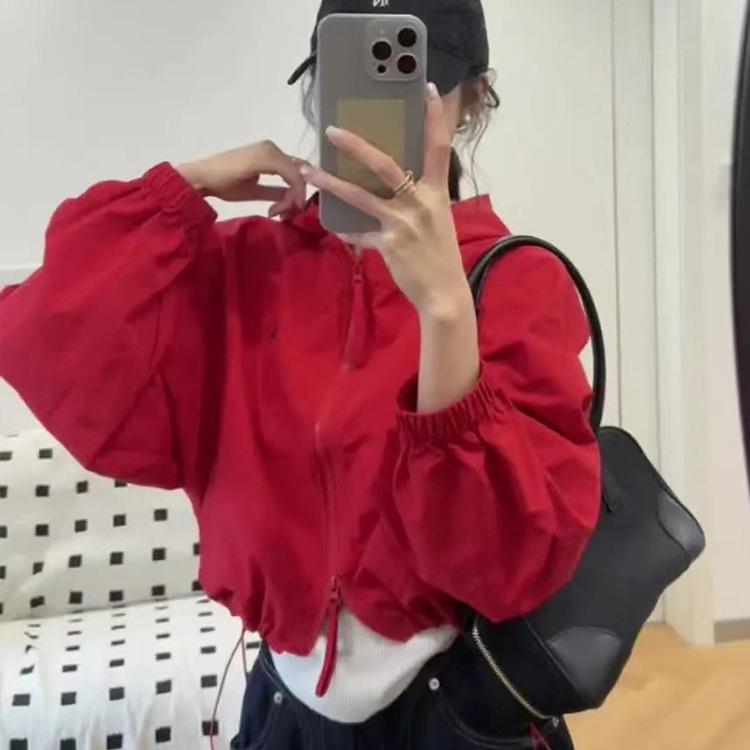 Women's European-Style Hooded Double-Zipper Windbreaker Jacket 2025 Spring - Loose Printed Petite Versatile Top