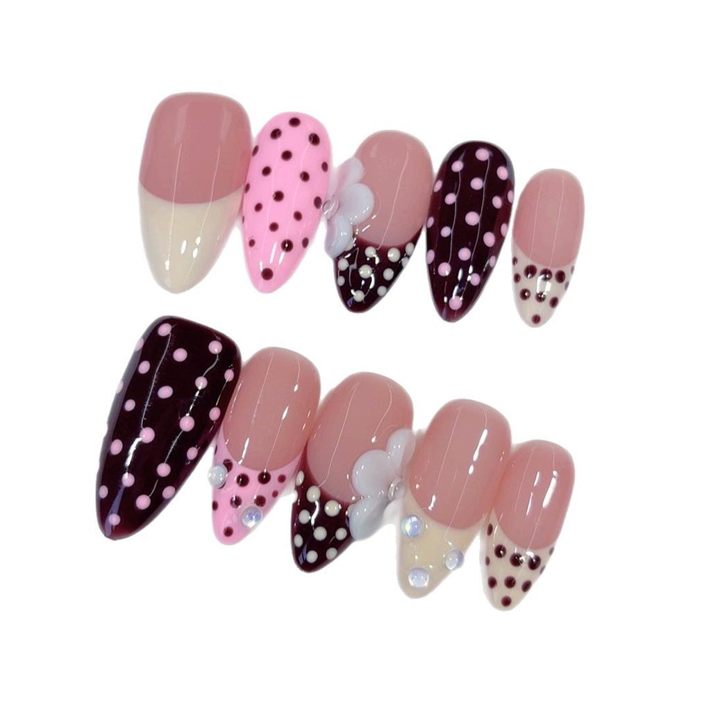 Almond Nail French Polka Dot Three-dimensional Engraving Hand-worn Contrasting Color Sweet Wind Fake Nails