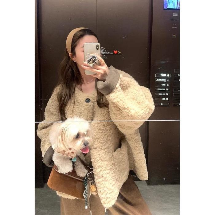 

Куртка из экологически чистой овечьей шерсти Lazy Wind, женская, осенне-зимняя, короткая, свободная, с утолщенным мехом, встроенная, повседневная, замедляющая старение S хаки