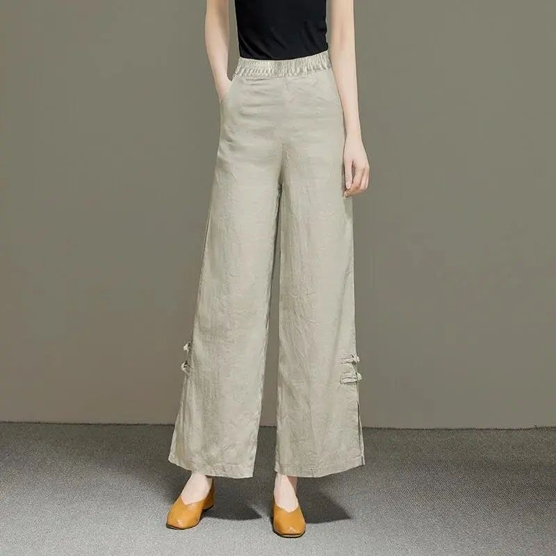 Korean Fashion Women Cotton Hemp Oversized Pants Spring Summer High Waist Solid Wide Leg Split Loose Straight Casual Trousers