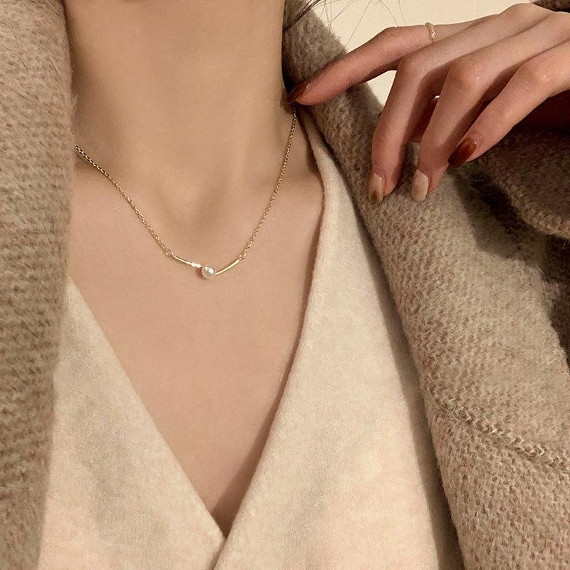 Single Pearl Necklace, Minimal Luxury Clavicle Chain, 2024 New Plain Chain Ins Jewelry