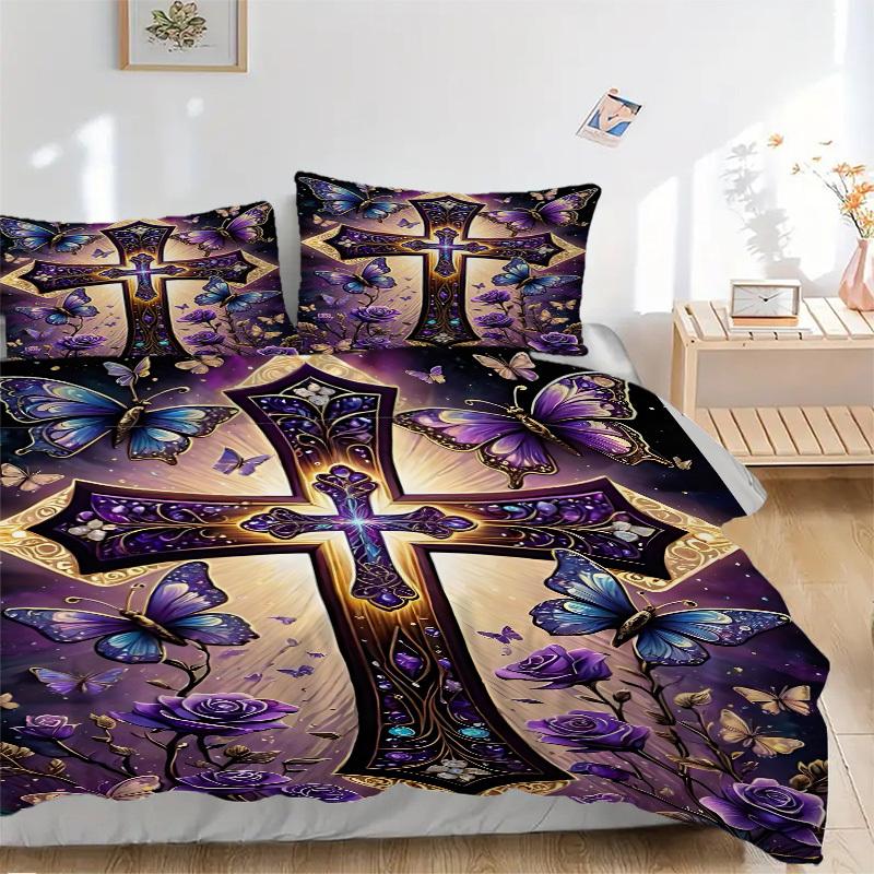 

3PCs Cross Ornament Design Cover Set, Breathable Fabric, Machine Washable (1 Duvet Cover + 2 Pillowcases) (Without Quilt) yy250911101 135x200cm