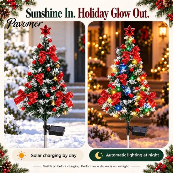 Decorative Christmas Lawn Stakes Solar Tree Stake Light, LED Lighted Artificial with Bow Star Party Supplies Bell Ball, IP65 Waterproof Garden