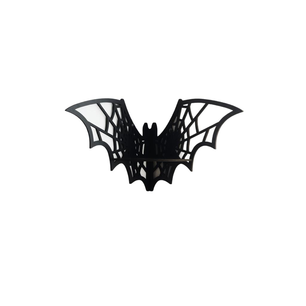 Wooden Hollow Bat Shaped Wall Shelf with Web Design Decorative Storage Rack for Halloween Home Wall Mounted Organizer
