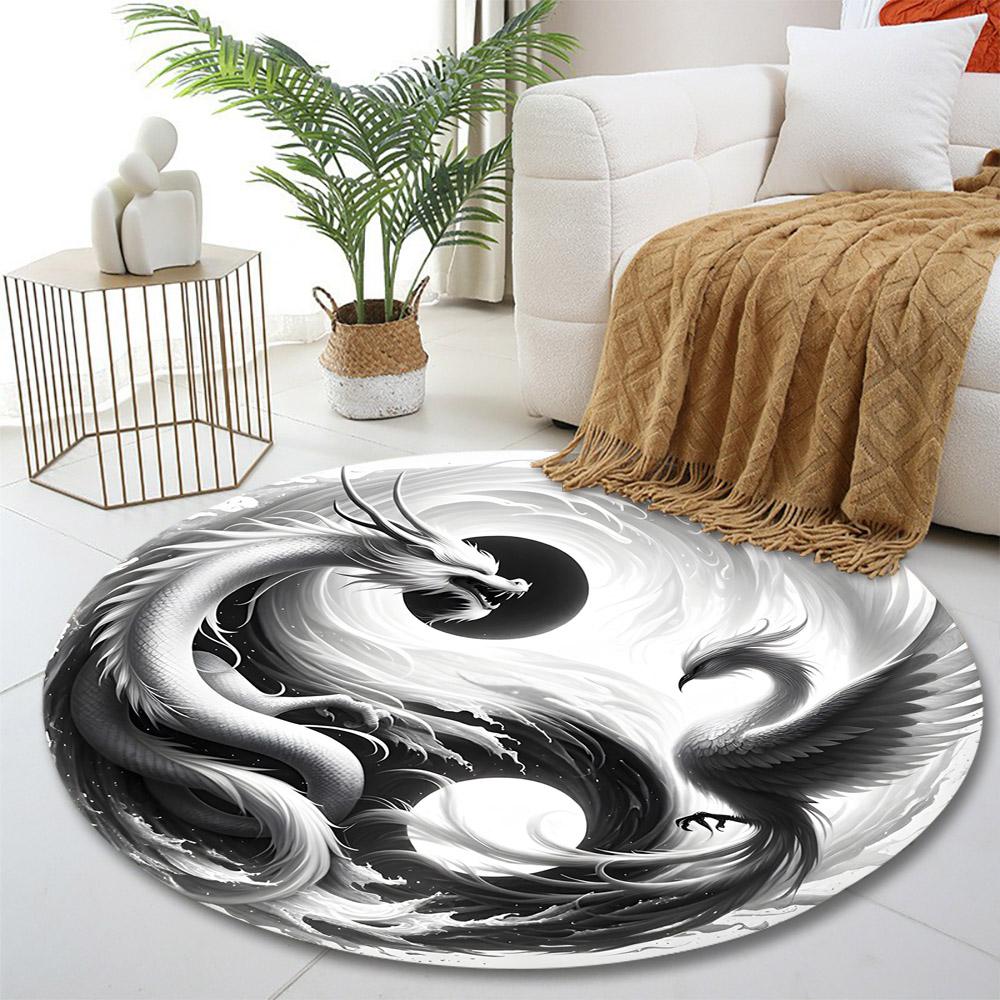 Dragon and Phoenix Yin-Yang Design Print round rug, living room, bedroom, playroom carpet, non slip floor mat, gift