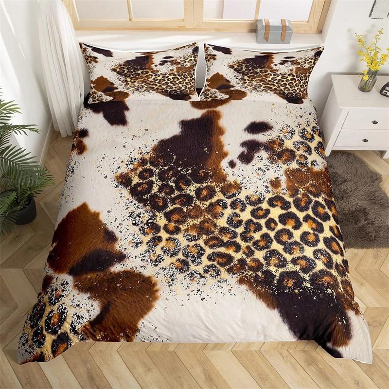 Cowhide King Queen Duvet Cover Patchwork Cow Fur Print Bedding Set Animal Quilt Cover Western Cowboy Polyester Comforter Cover