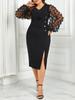 GIBSIE Plus Size Womens Black V Neck Mesh Sleeve Cocktail Party Pencil Dress Elegant Office Ladies Split Midi Bodycon Dresses