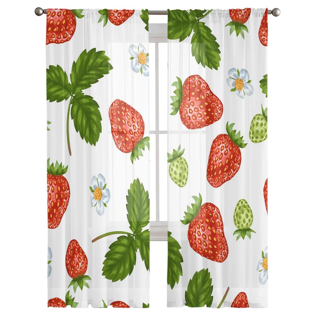 Summer Fruit Strawberry Leaf Repeat Sheer Curtains for Bedroom Living Room Voile Window Curtains Tulle Curtains for Kids Room