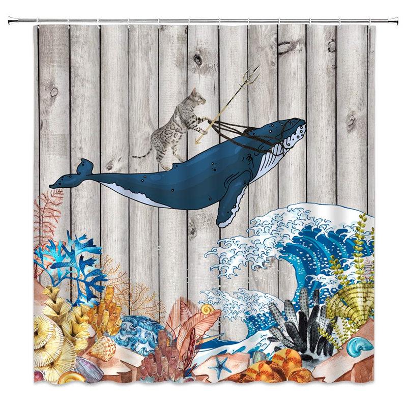Pirate Cat Riding Shark Shower Curtain Funny Space Galaxy Rainbow Waterproof Fabric Bath Curtain With Hooks For Bathtub Decor