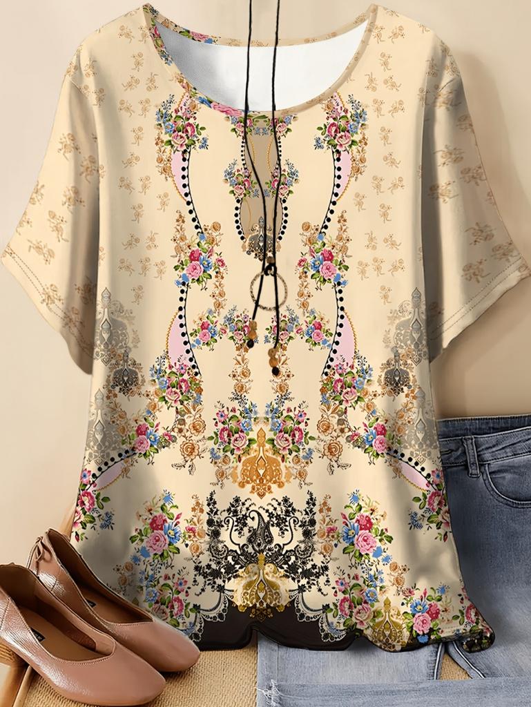 Vintage Paisley Graphics Women's Short Sleeve T-Shirt Ethnic Style O-Neck Y2k 3D Printed Top Tees Summer Loose Women's Clothing
