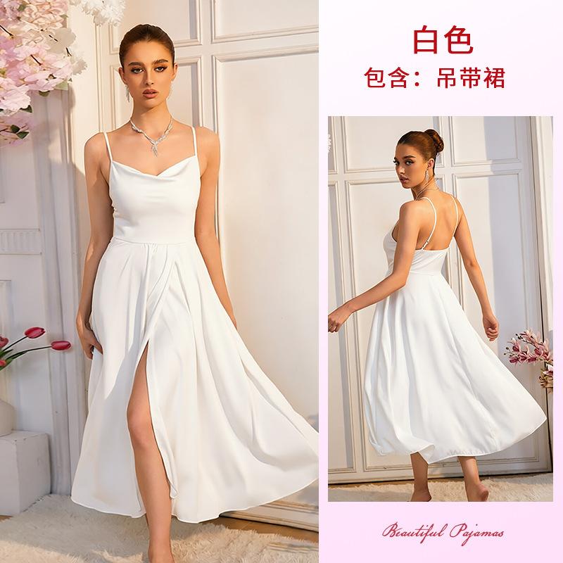 European and American simple high-end suspender satin evening dress drape big swing split dress women