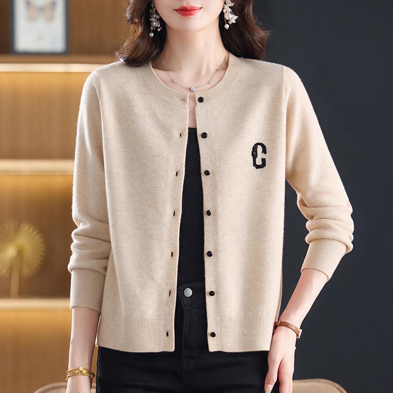Women's Pure Wool Knitted Cardigan: Round Neck, Slimming, Autumn/Winter Loose Fit Sweater