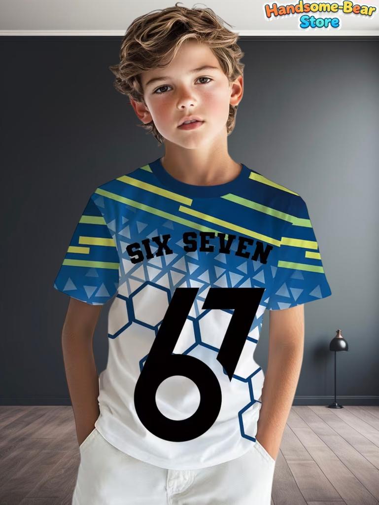 T-shirt Meme 67 pour Enfants Drôle Impression Numérique 3D Numéro 67 Maillot de Football T-shirt Style Maillot Lâche Mode Vêtements pour Enfants