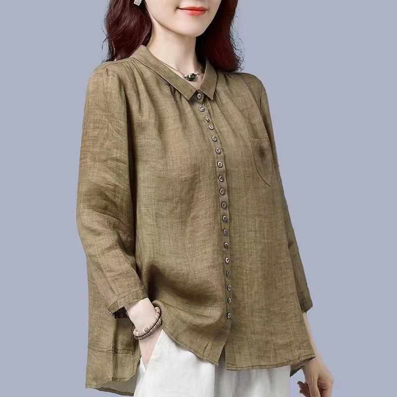 2023 Spring and Autumn Women's Solid Button Cardigan Long Sleeve T-shirt Shirt Fashion Elegant Vintage Casual Commuter Tops