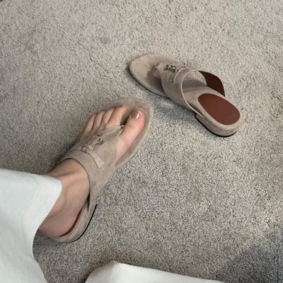 Sheepskin Version~ Retro Toe Cool Slippers Femininity Metal Buckle Flip-flops Casual Beach Low-heeled Slippers Outer Wear