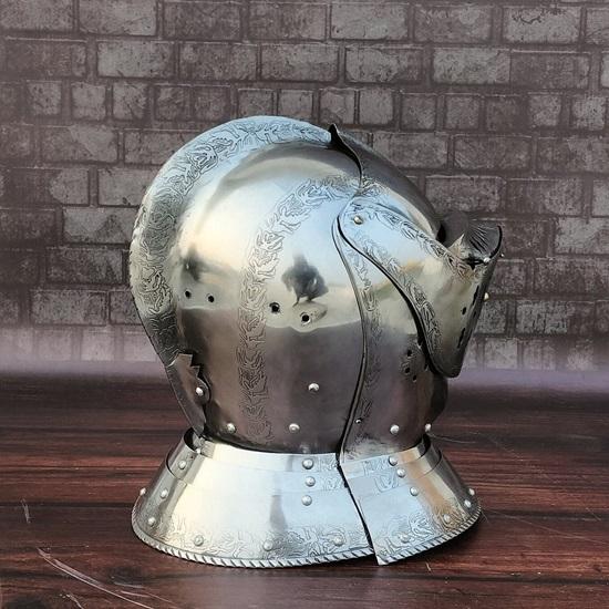 Medieval Steel Close Helmet with Wooden Stand Knight Armed Helmet, Medieval Knight Helmet, Lerp Fancy Armor Costume Dress