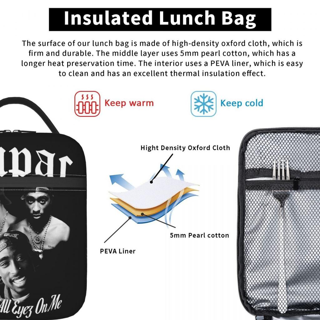 Rapper Tupac 2PAC Hip Hop Insulated Lunch Bag for Women Office Cooler Thermal Food Box Tote Portable Lunch Boxes Container