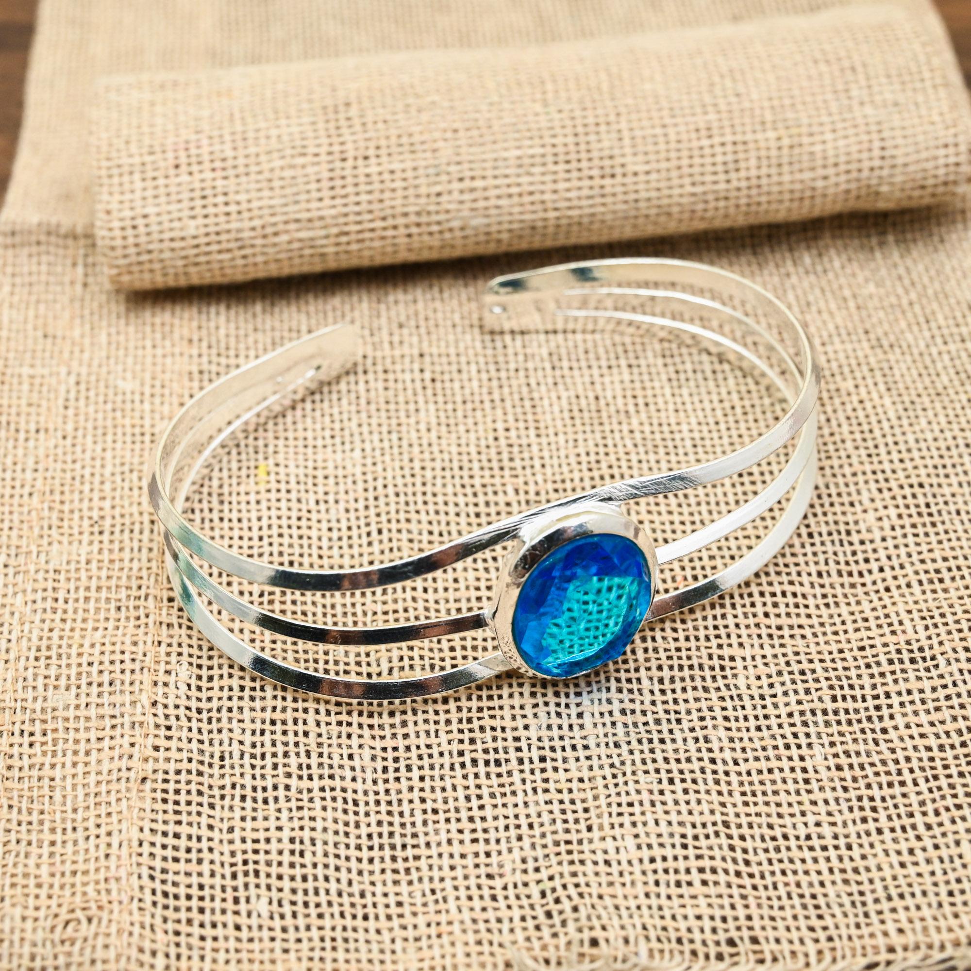 

Blue Topaz Gemstone Handmade 925 Solid Sterling Silver Jewelry Pretty Cuff Adjustable For Sister