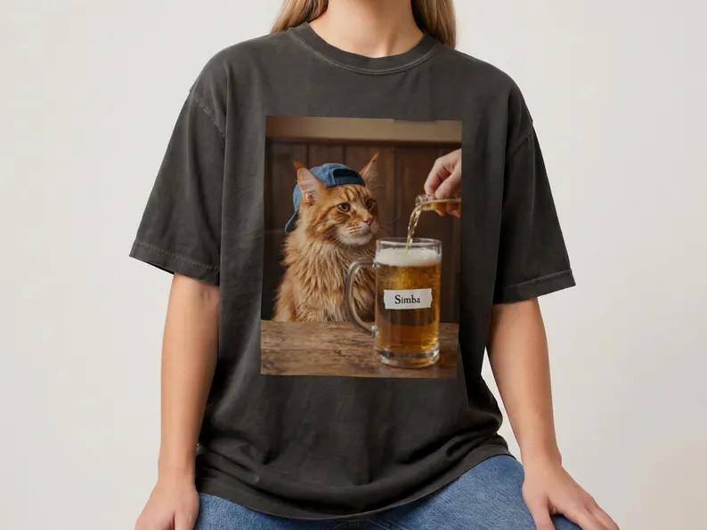 Custom Dog Photo Drinking Beer Shirt Silly Cat Meme Graphic T Shirt
