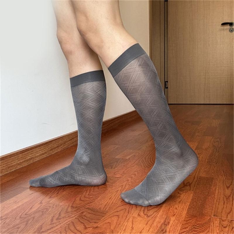 Men's Breathable Nylon Thin Dress Socks with Argyle Pattern Design Middle Calf Business Formal Socks Hosiery Gift