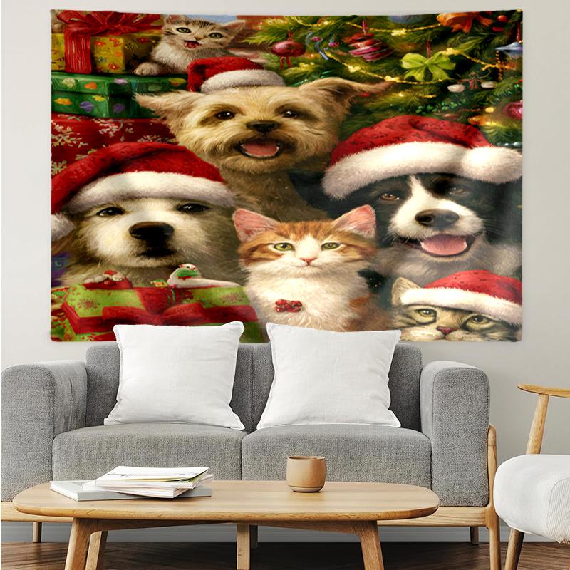Christmas-Dog Print Tapestry, Backdrop, Easy Setup, Ideal for Bedroom, Office & Living Room, with Aesthetic Wall Hanging Decor.