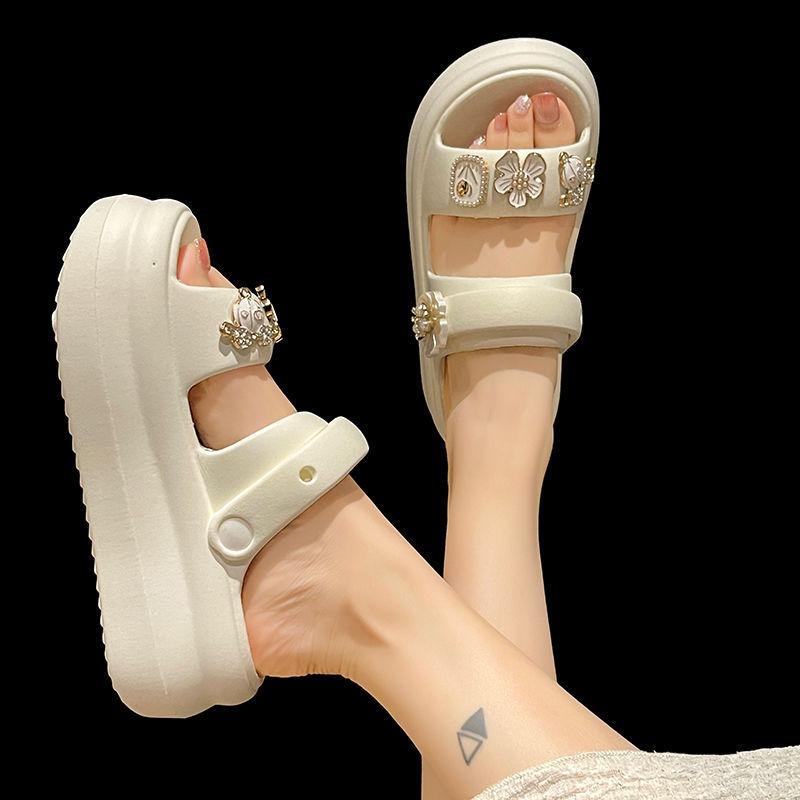 High-heeled sandals women's summer fashion outer wear cute flower pearl platform two wear beach non-slip cool slippers