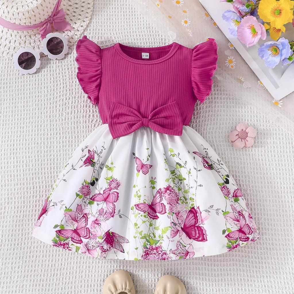Infant Toddler Girl Floral Butterfly Dress, Ruffle Sleeve Bow Accent Dress, Casual Summer Outfit 6-36M