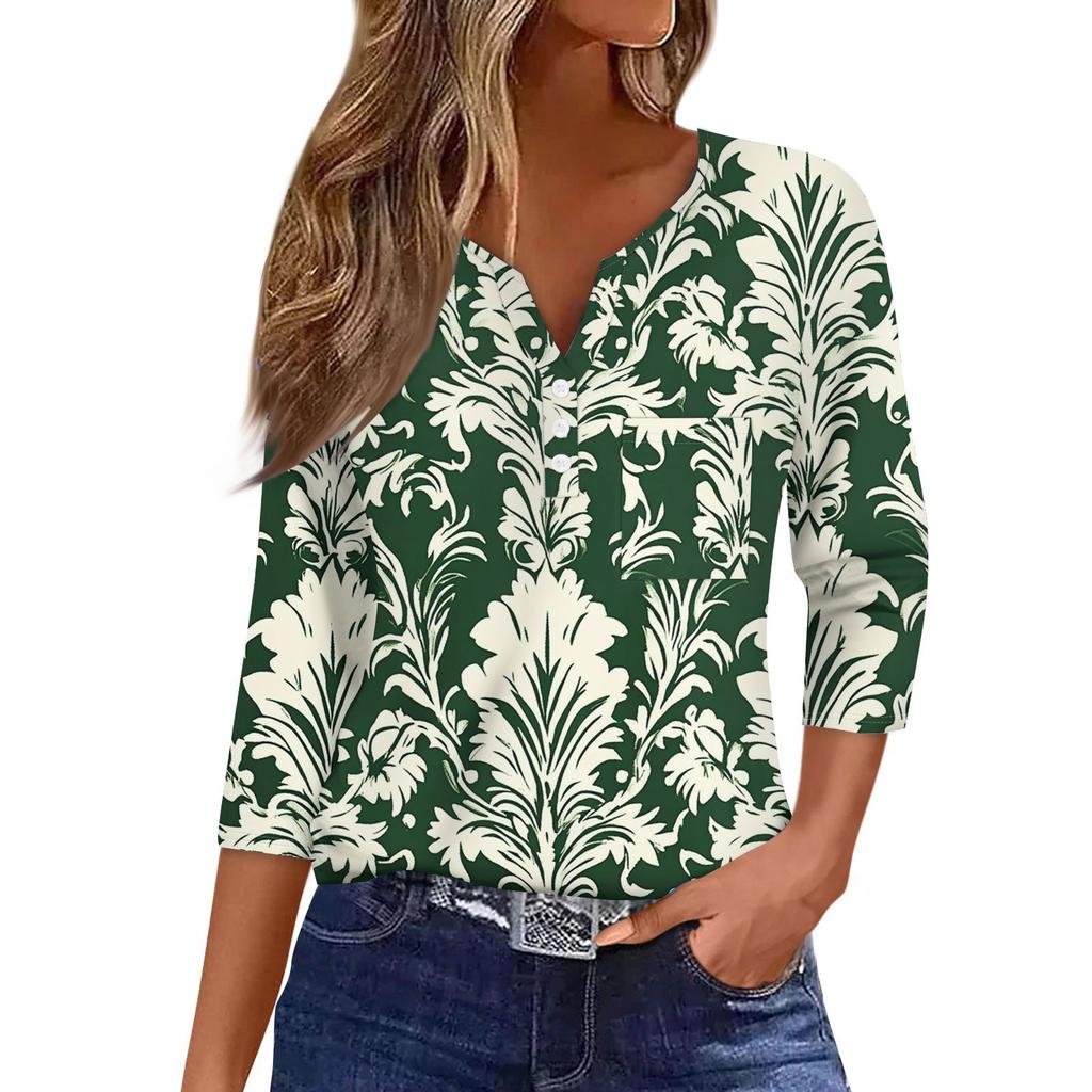 Ladies Casual Fashion V-neck Loose Versatile Floral Print Three-quarter Sleeves